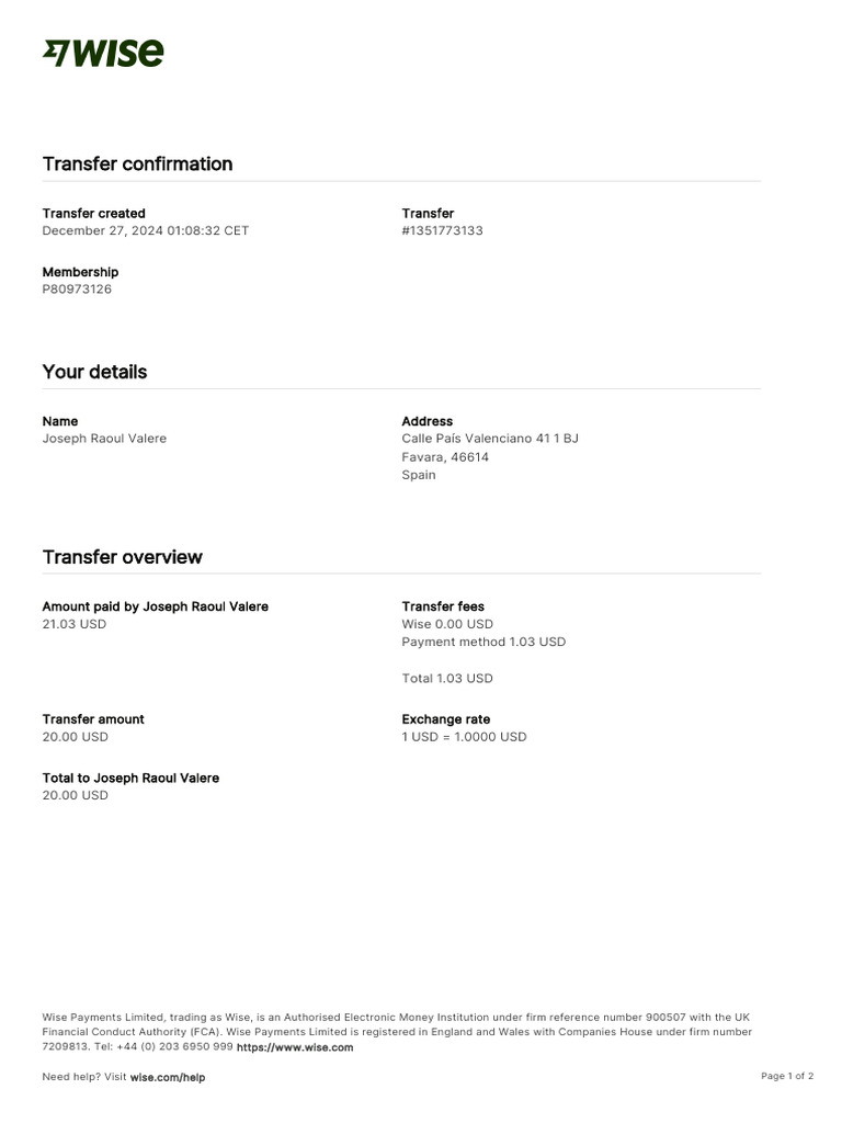 Wise Transaction Invoice Transfer 1351773133 4519356061 FR | PDF