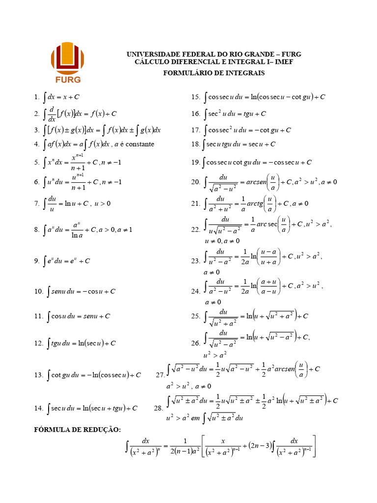 Formulaire d'Intégrales FURG | PDF | Théorie (échecs) | Échecs