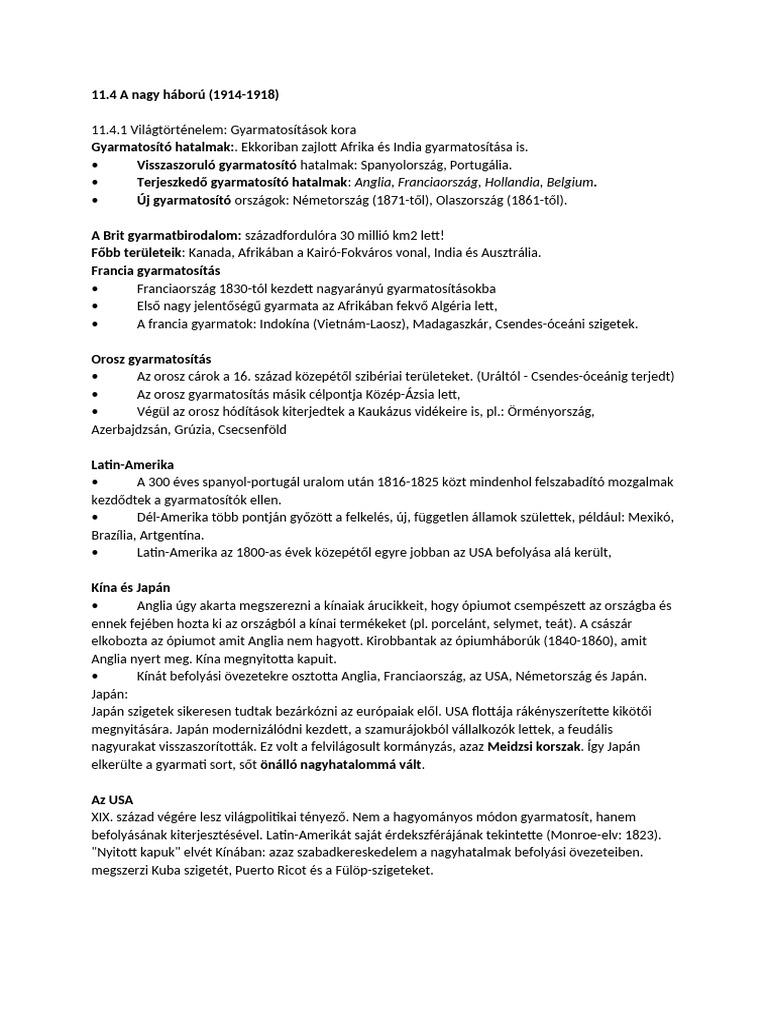 Gyarmatosítás-Nagyhatalmi Konfliktusok - Vázlat | PDF