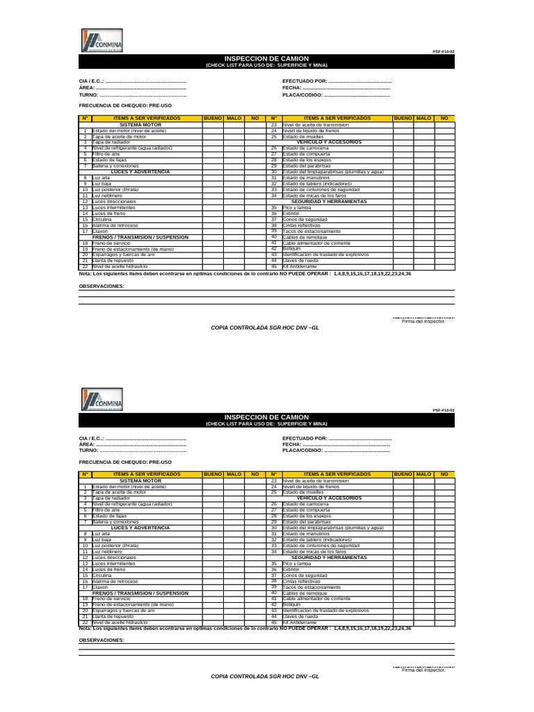 PSF-F10-02 Check List de Camión | PDF | Camión | Vehículos