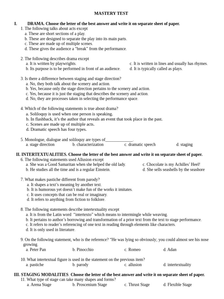 Drama and Intertextuality Mastery Test | PDF | Intertextuality | Monologue