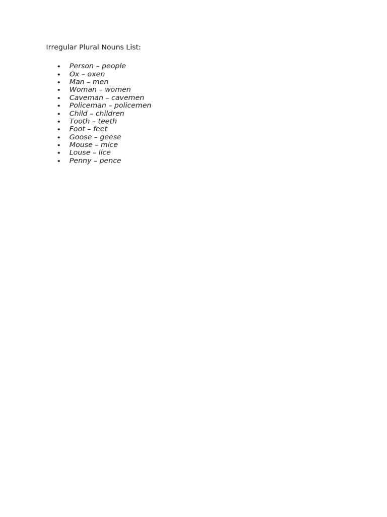 Irregular Plural Nouns List | PDF