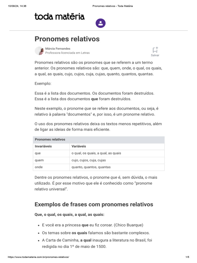 Uso e Exemplos de Pronomes Relativos | PDF | Pronome | Assunto (gramática)