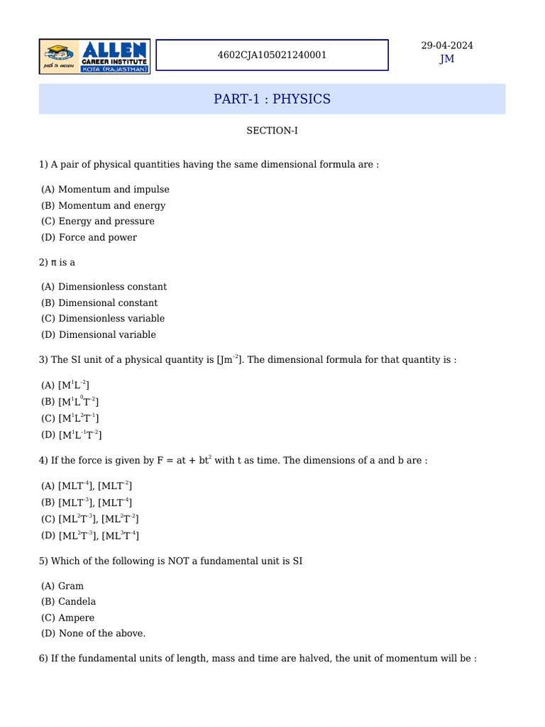 Allen Minor Test 1 Physics Questions | PDF | Mole (Unit) | Force