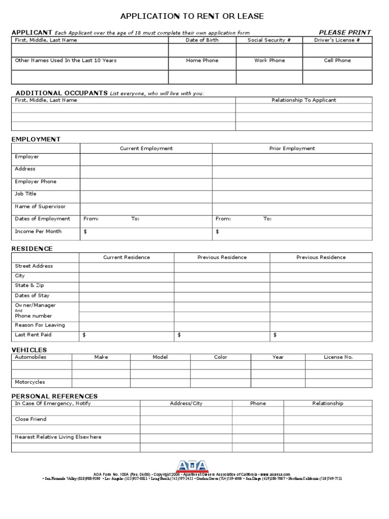 AOA Rental Application Form 100A | PDF | Eviction | Lease