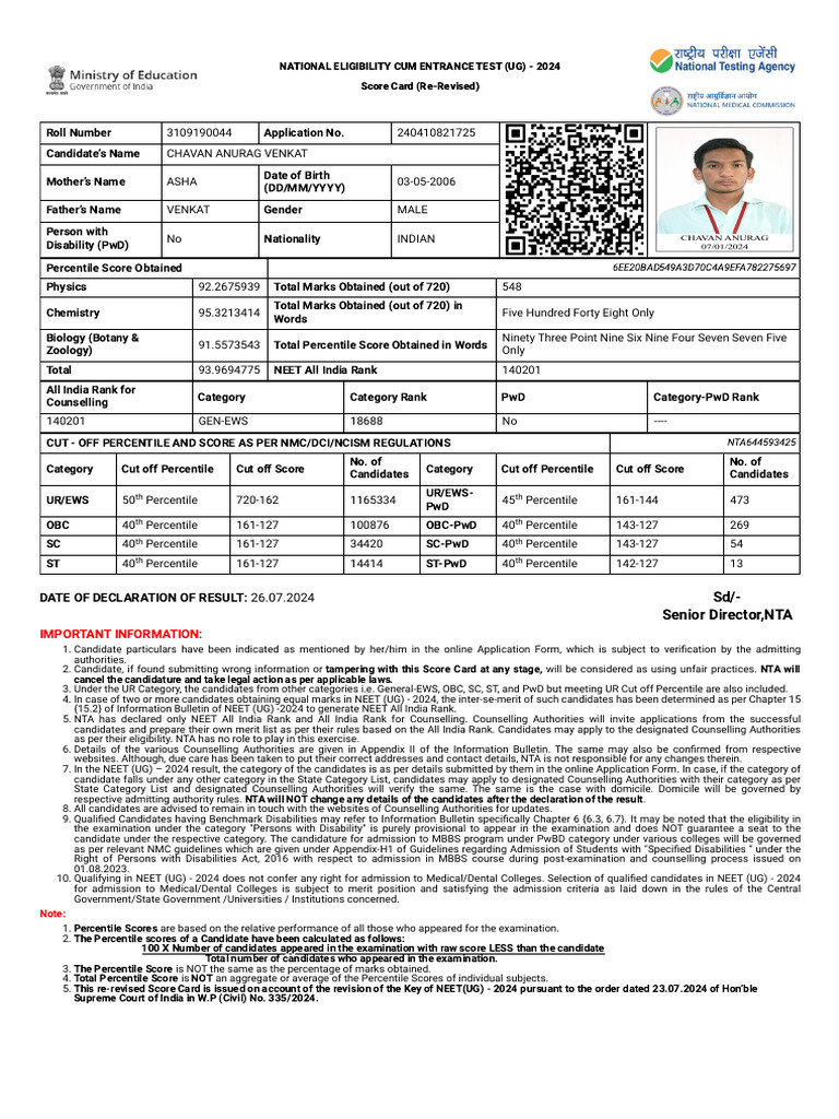 NEET UG 2024 Re-Revised Score Card | PDF