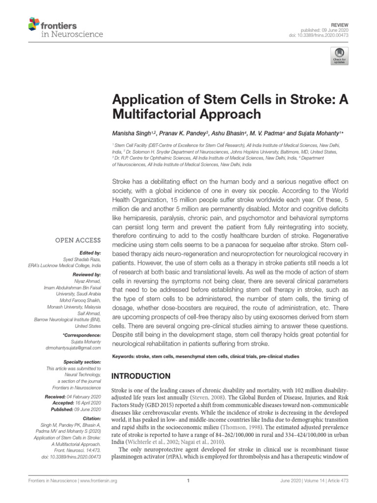 2020, Application of Stem Cells in Stroke - A Multifactorial Approach ...