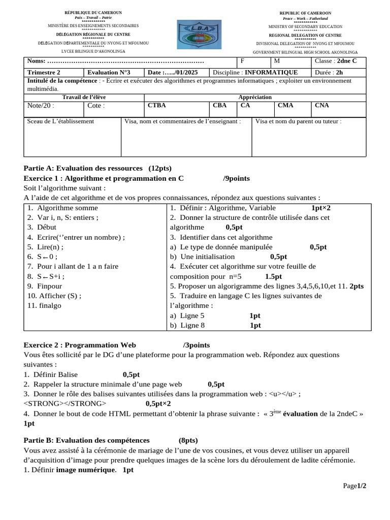 Évaluation Informatique 2nde C Trimestre 2 | PDF | Programmation web ...