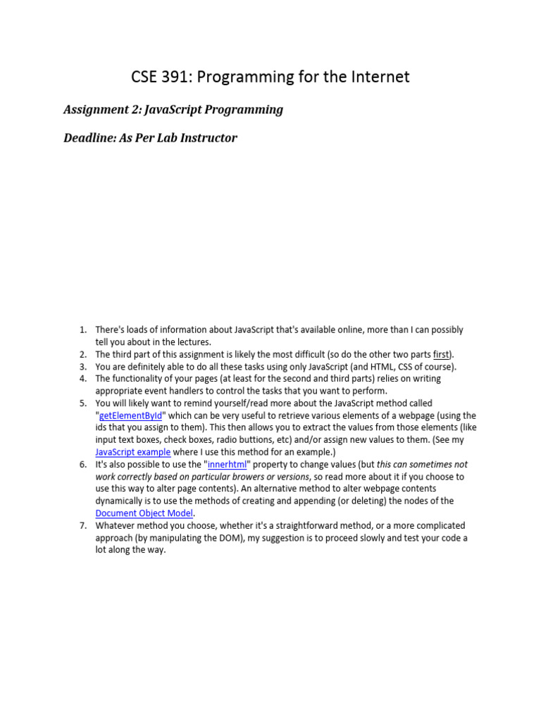 CSE 391 - Assignment 2 v3 | PDF | Document Object Model | Java Script