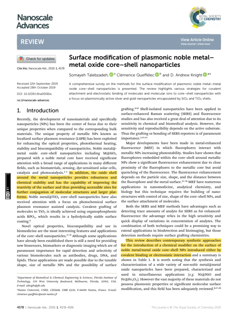Review - surface modification of metal core shell nanoparticle | PDF ...