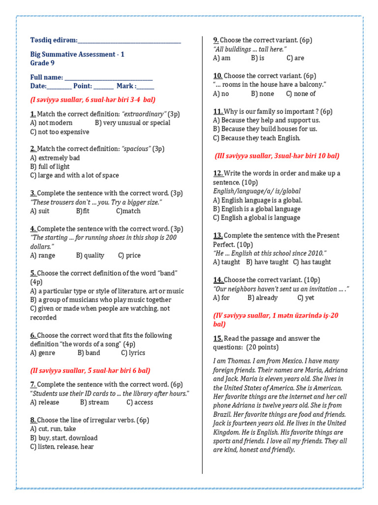 Grade 9 Big Summative Assessment | PDF | Linguistic Morphology | Syntax