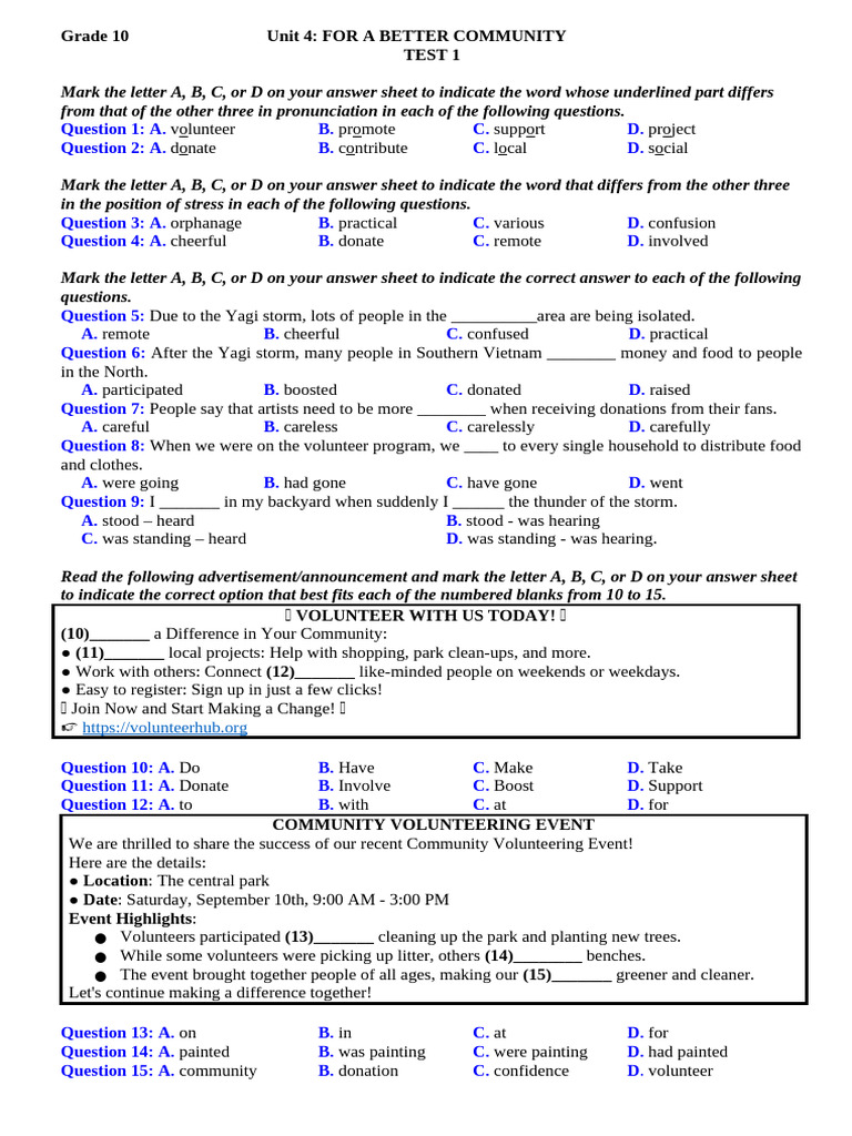 Grade 10 Community Volunteering Test | PDF | Orphanage | Volunteering