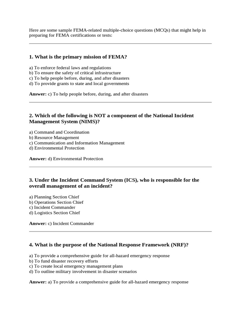 FEMA Certification MCQs for Test Prep | PDF