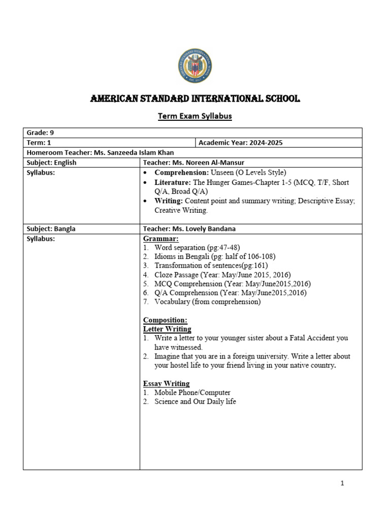 Grade 9 Exam Syllabus Term 1 2024 2025 Final And Checked Pdf
