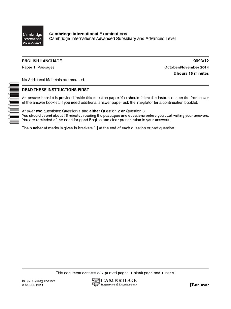 English Paper 1 Format and Instructions | PDF