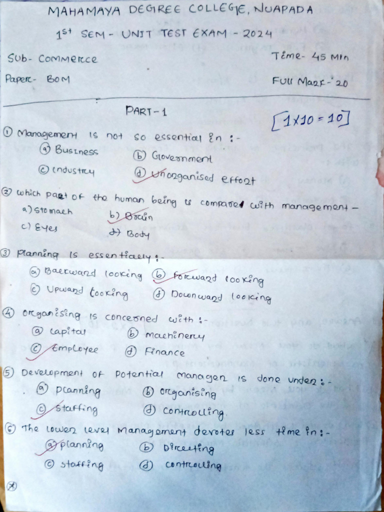BOM Test Paper for Management Exam | PDF