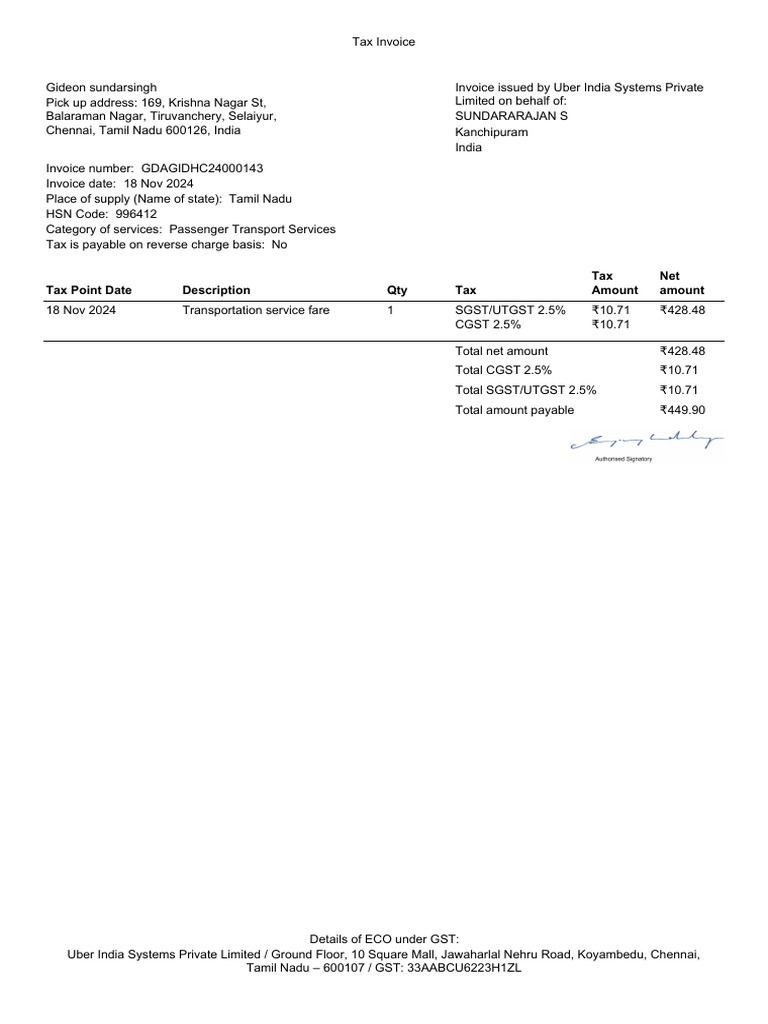 ANI Technologies Tax Invoice Summary | PDF | Invoice | Fee