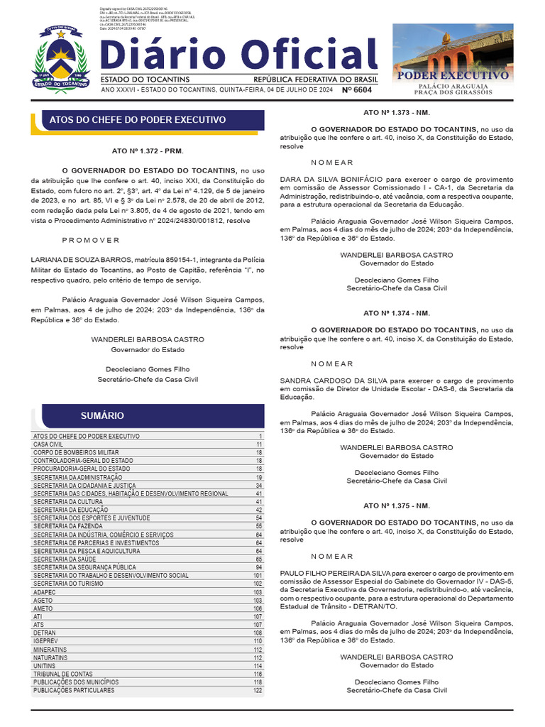 Atos do Governo do Tocantins - Julho 2024 | PDF | República | Estado