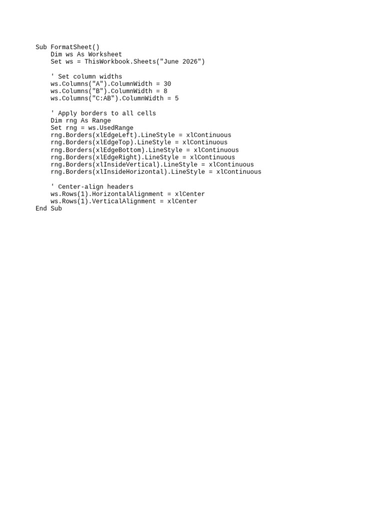 Excel VBA Format Sheet Macro | PDF