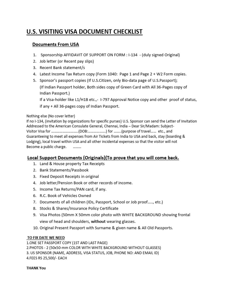 U.S. Visitor Visa Document Checklist | PDF