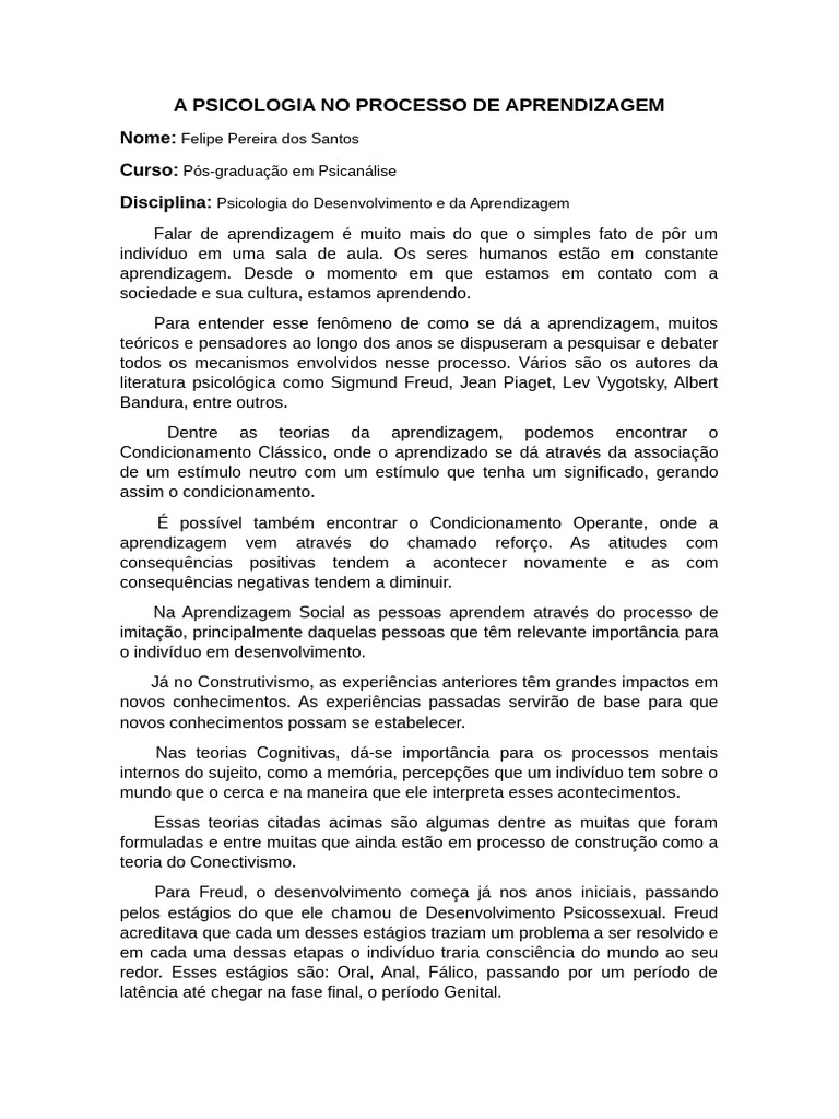 Psicologia da Aprendizagem e Teorias | PDF | Aprendizado | Psicologia