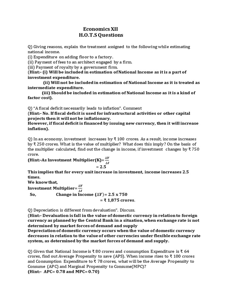 Economics XII H.O.T.S With Answers | PDF | Fiscal Multiplier | Gross ...