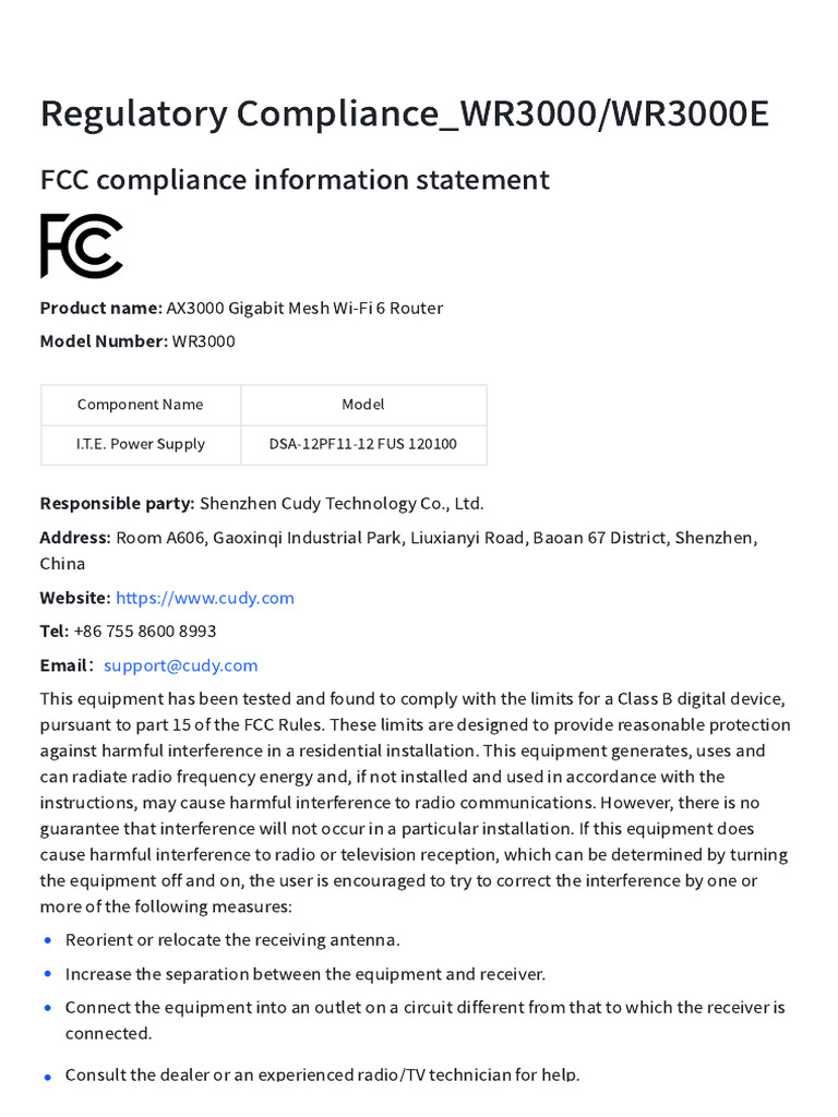 Regulatory Compliance WR3000 WR3000E | PDF | Telecommunications ...