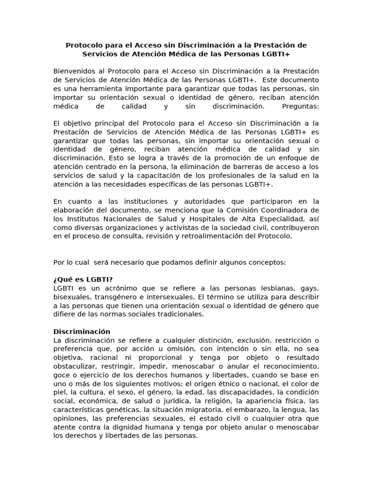 Protocolo de Salud para Personas LGBTI+ | PDF | Cuidado de la salud | LGBT