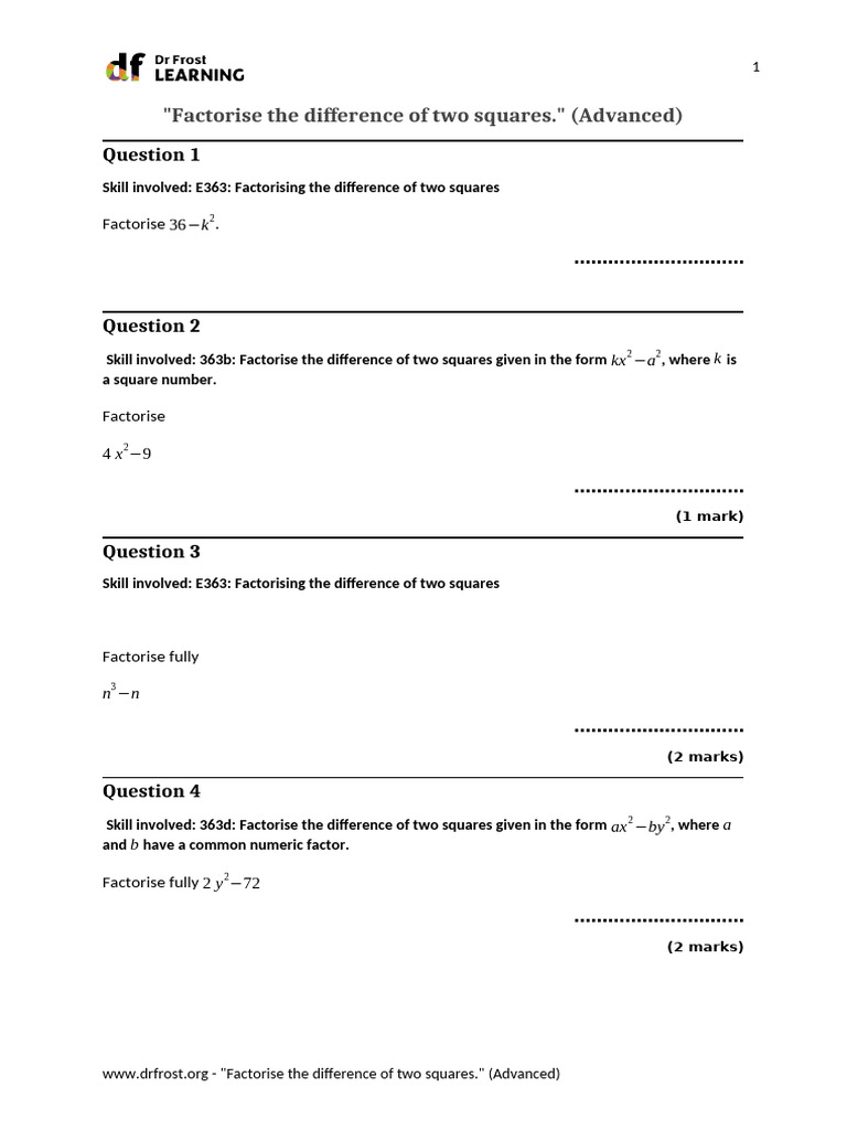 Factorisethedifferenceoftwosquares (Advanced) | PDF | Elementary ...