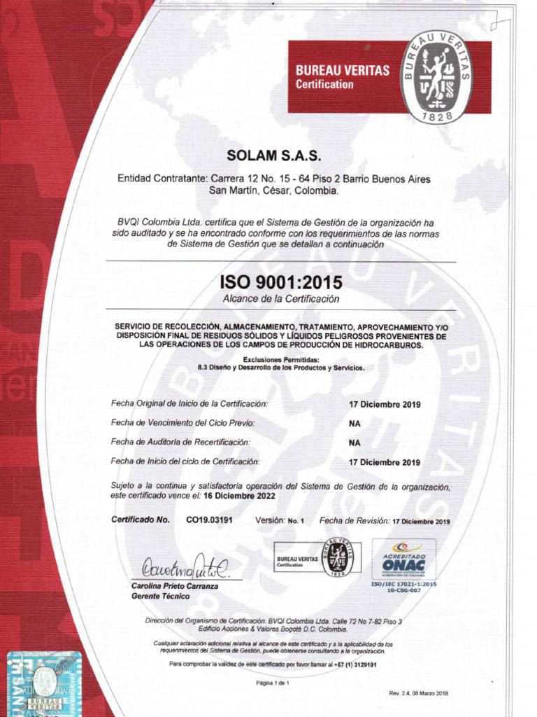 Certificacion Bureau Veritas Iso 9001.2015 | PDF