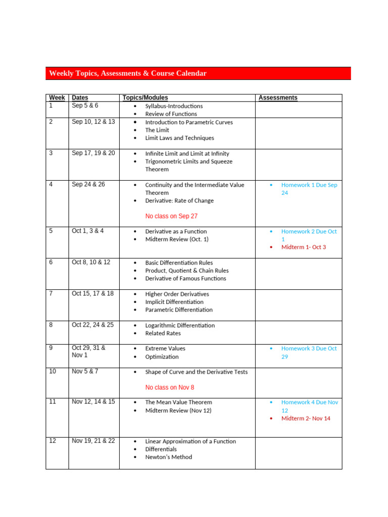Course Calendar MATH 116-01 Fall 2024 | PDF | Derivative | Function ...