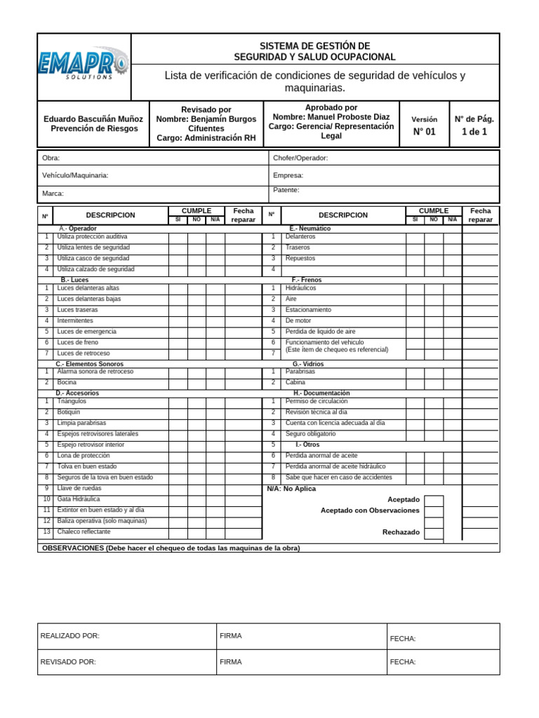 Verificación de Seguridad en Vehículos y Maquinarias | PDF | Vehículo ...