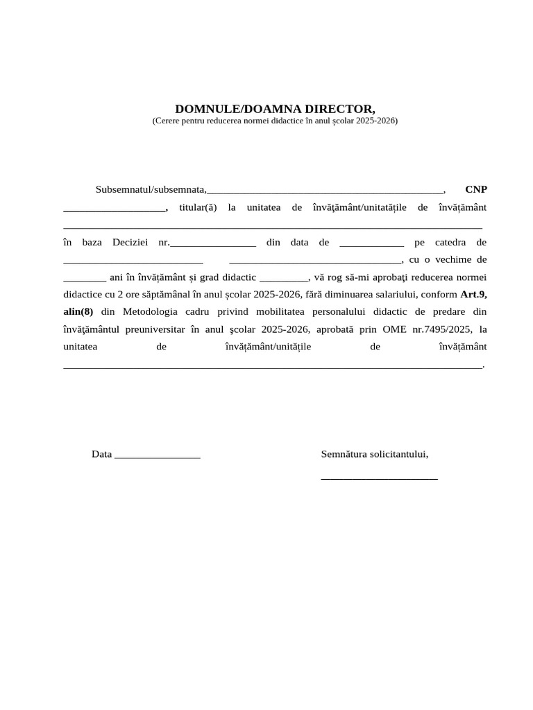 Model - Cerere - Reducere Norma - 2025 | PDF