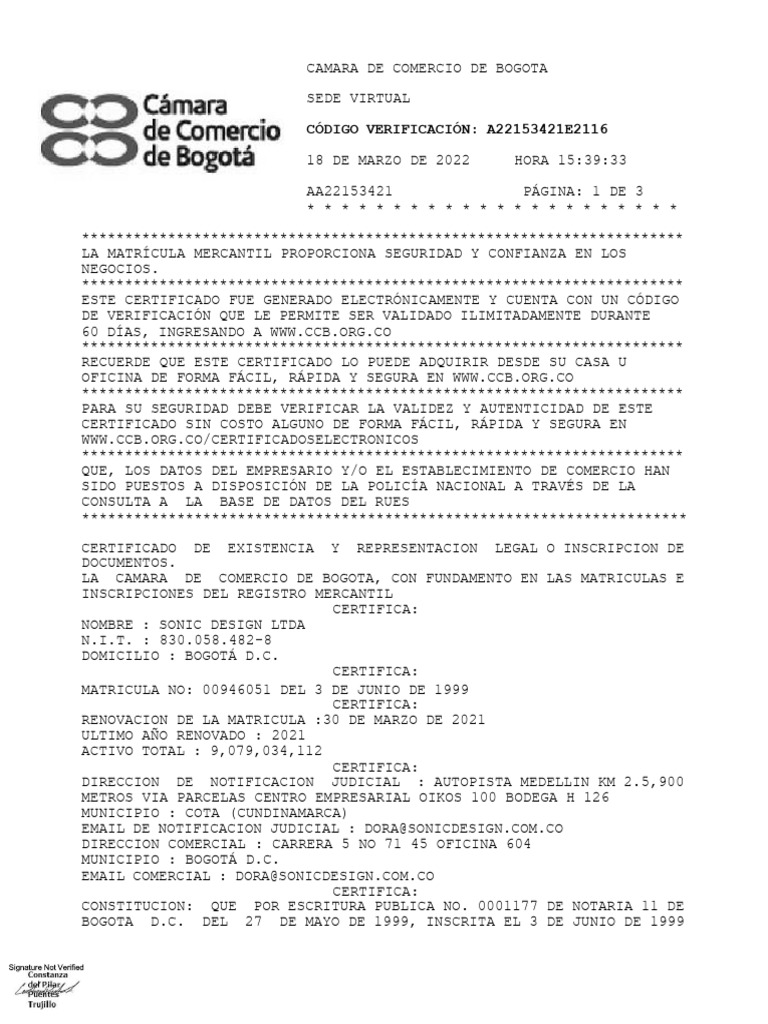 CERTIFICADO CAMARA Y COMERCIO Marzo 18 de 2022 | PDF