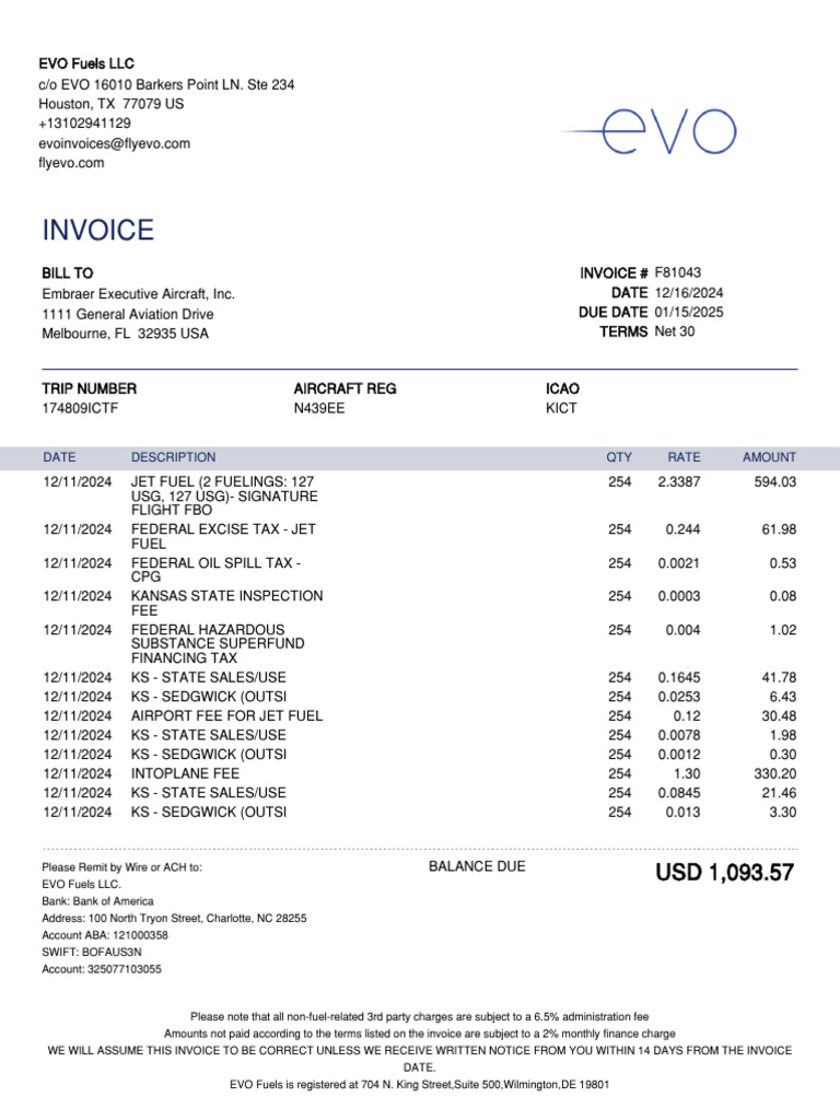 KICT Invoice Payment Details for EVO Fuels | PDF | Aviation