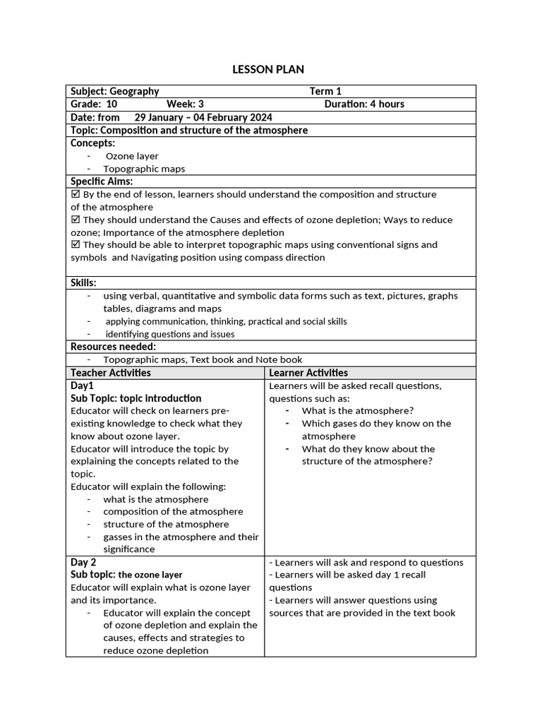 Week 3 of Term 1 Atmosphere Lesson Plan 1 | PDF | Atmosphere Of Earth ...