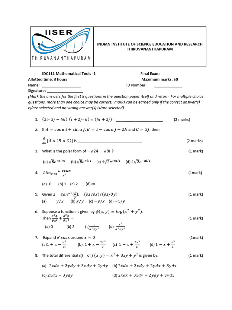 IDC111 Math Exam - January 2025 | PDF | Mathematics | Mathematical Analysis