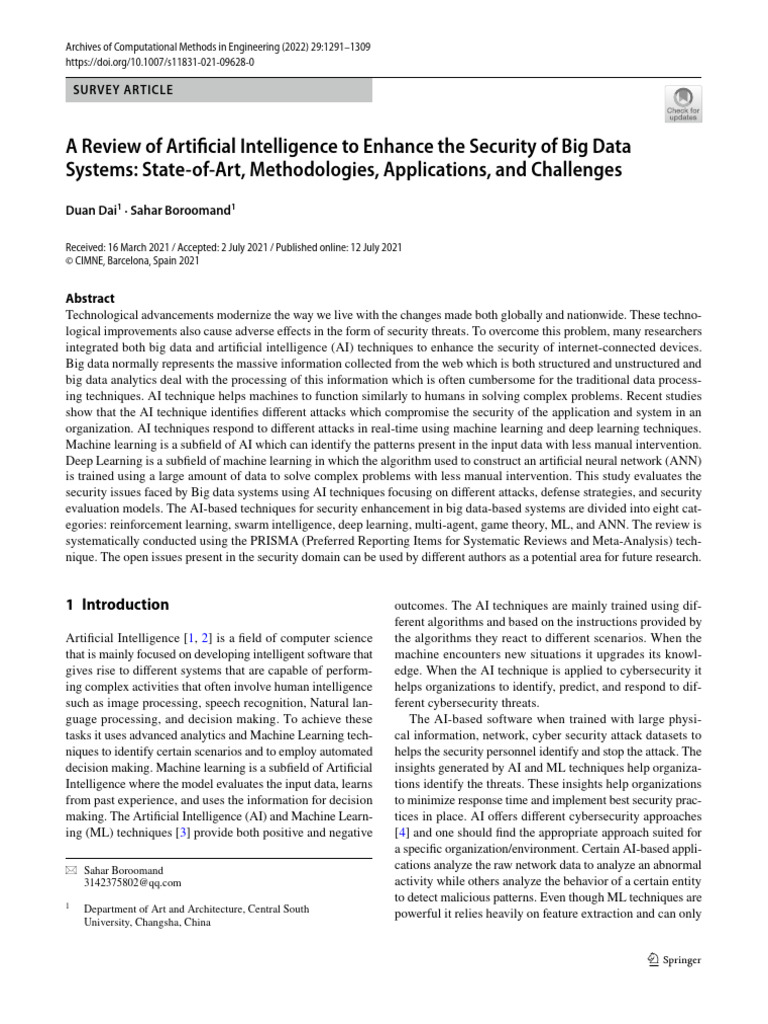 A review of artificial intelligence to enhance the security of big data