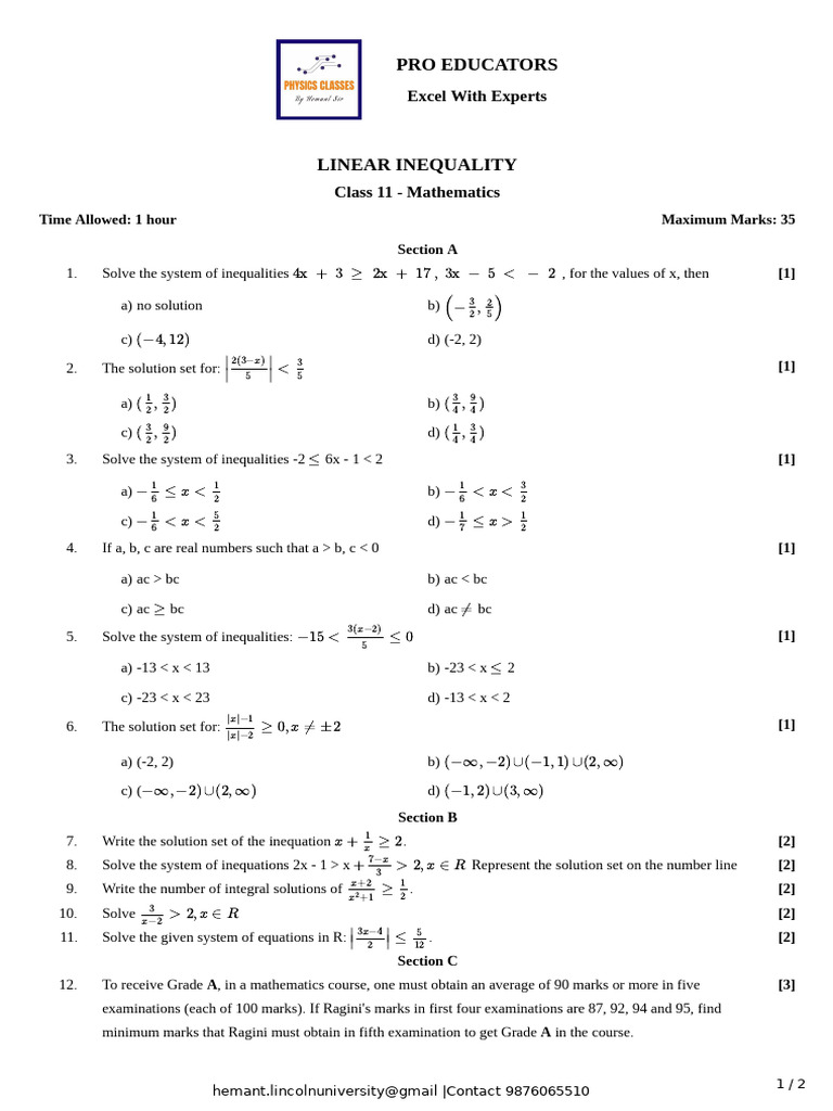 Class 11 Linear Inequalities Practice | PDF | Arithmetic | Discrete ...