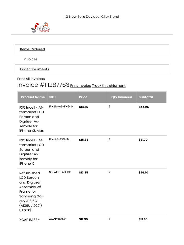 Invoice #111287763: Product Name SKU Price Qty Invoiced Subtotal | PDF ...
