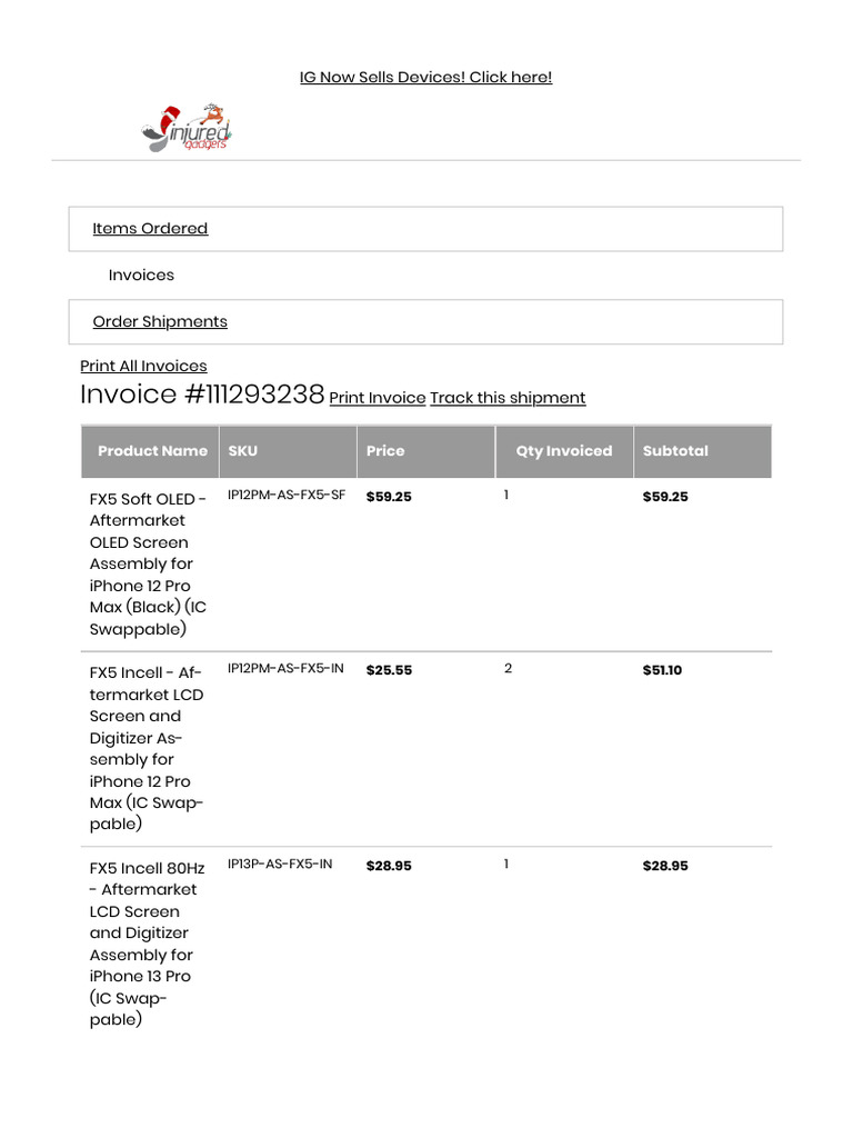 Invoice #111293238: Product Name SKU Price Qty Invoiced Subtotal | PDF