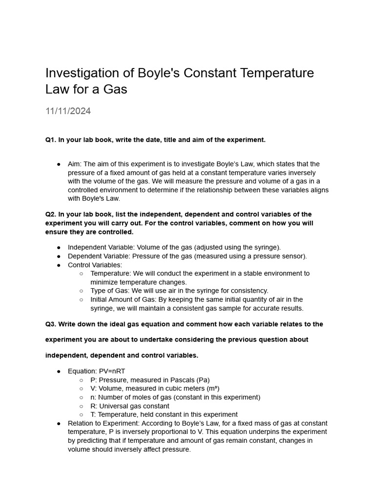 Boyle's Law Gas Pressure-Volume Study | PDF | Gases | Temperature