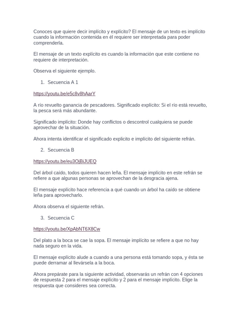 Significado de refranes: implícito y explícito | PDF