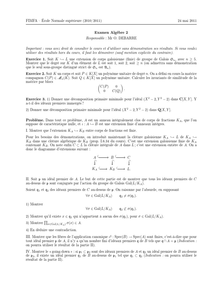 Corrigé Examen Algèbre 2 2011 | PDF | Corps commutatif | Théorie des ...