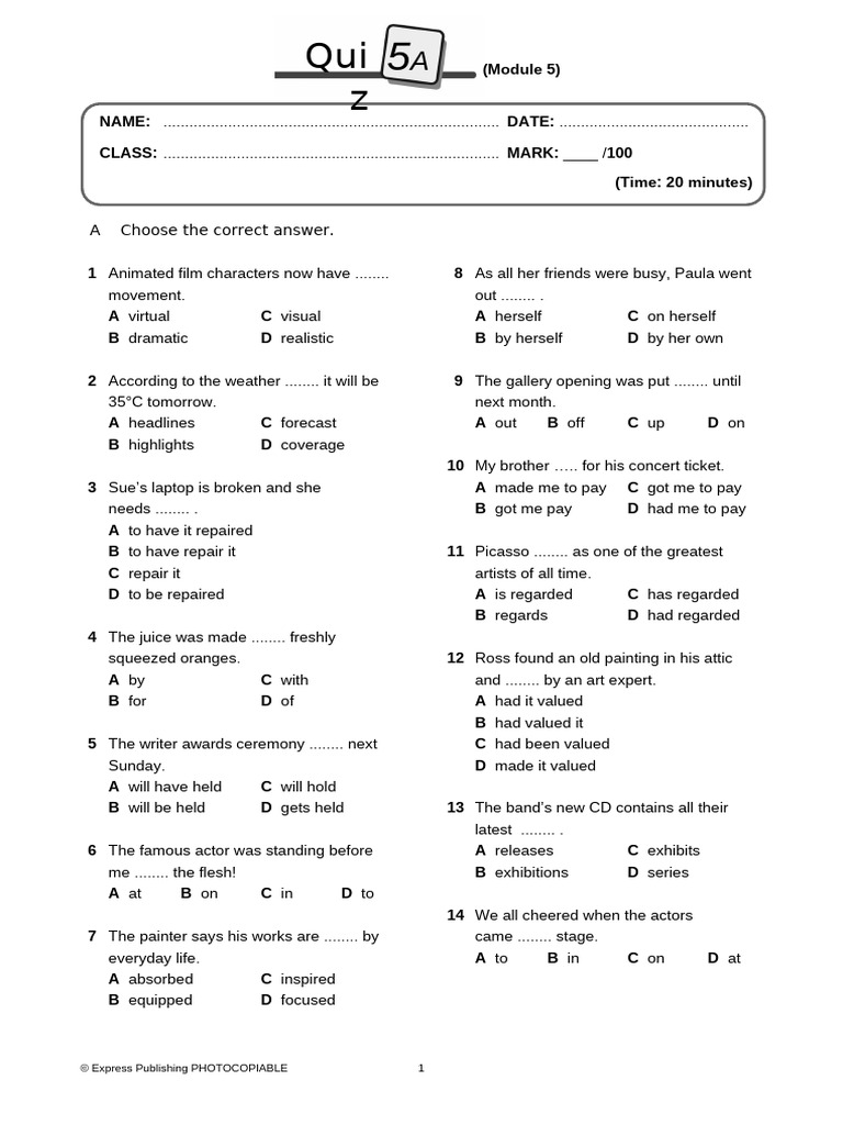 20 OnScreen B2plus Quiz 5A | PDF