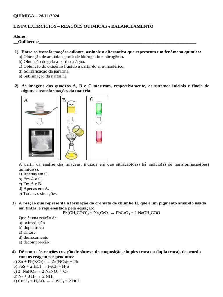LISTA DE EXERCICIOS 6 INF - REAÇÕES QUÍMICAS e BALANCEAMENTO-3 | PDF ...