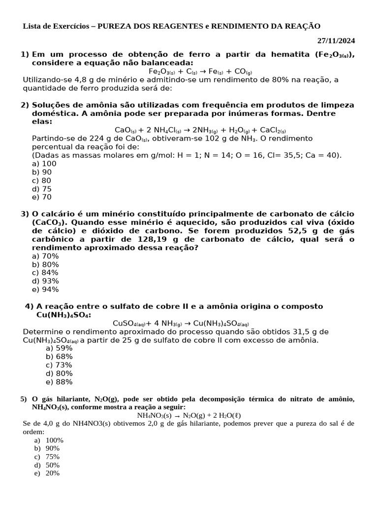 Exercícios sobre Pureza e Rendimento | PDF | Cálcio | Reações químicas