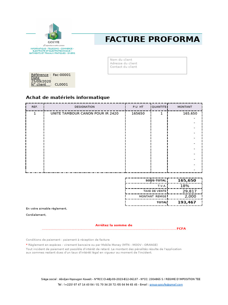 Facture Proforma Achat Matériel Informatique | PDF | Facture | Taxe sur ...