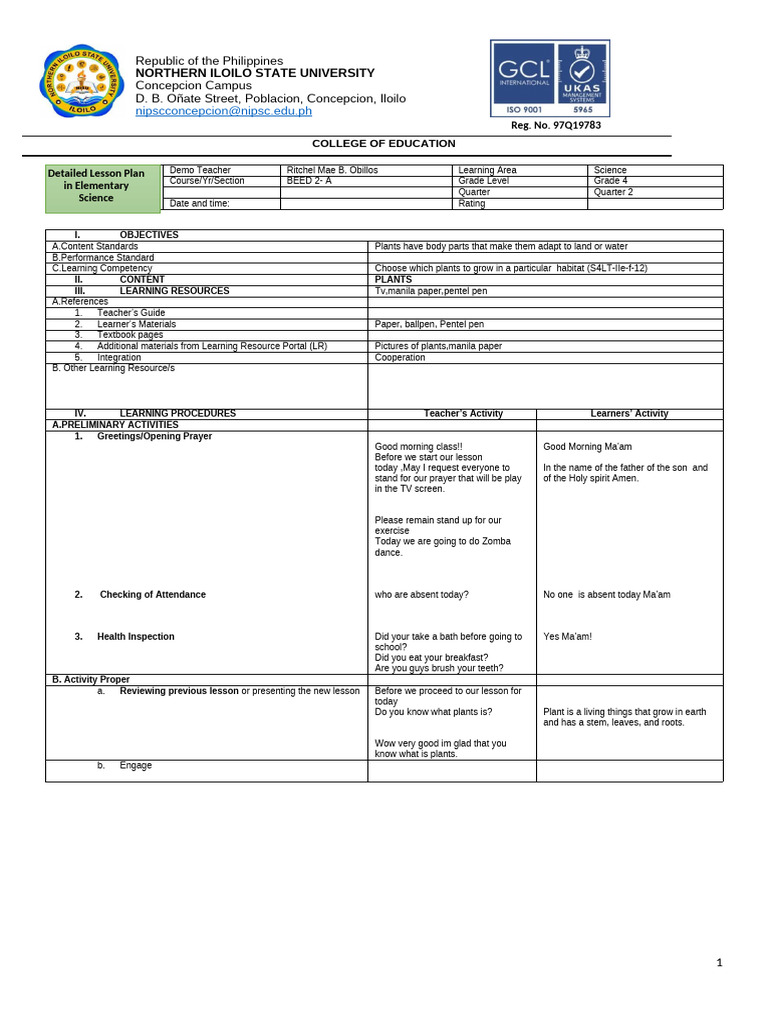 Grade 4 Science Lesson Plan on Plants | PDF | Habitat | Trees