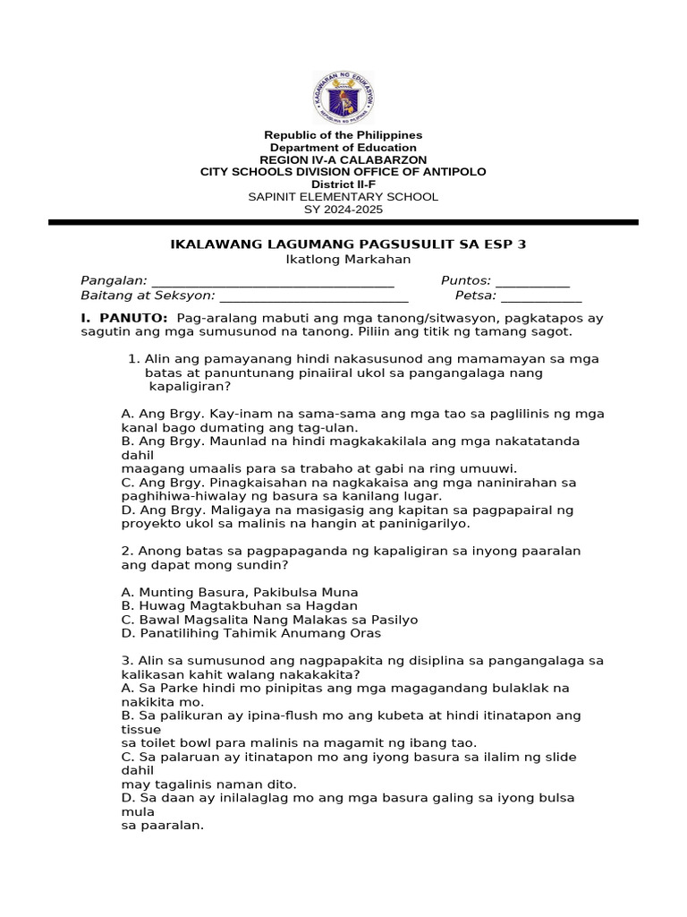 2ND Q3 Summative Test in Esp | PDF